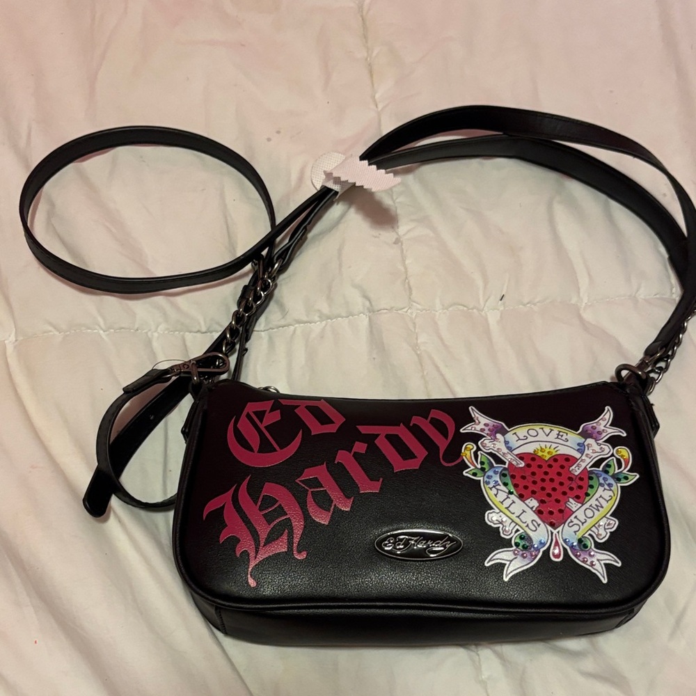 Ed Hardy Black Crossbody Bag with Red and Multicolor Design
